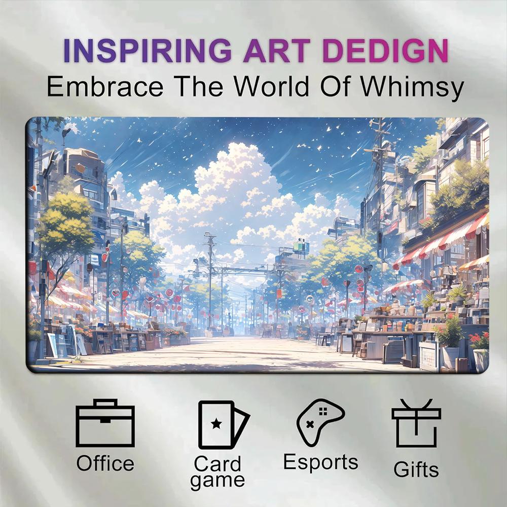 Gaming Accessories Market - アニメ風日本の街並み、夏のマーケット、大型マウスパッド、青い空と白い雲、都市の風景、PCアクセサリー、マウスパッド